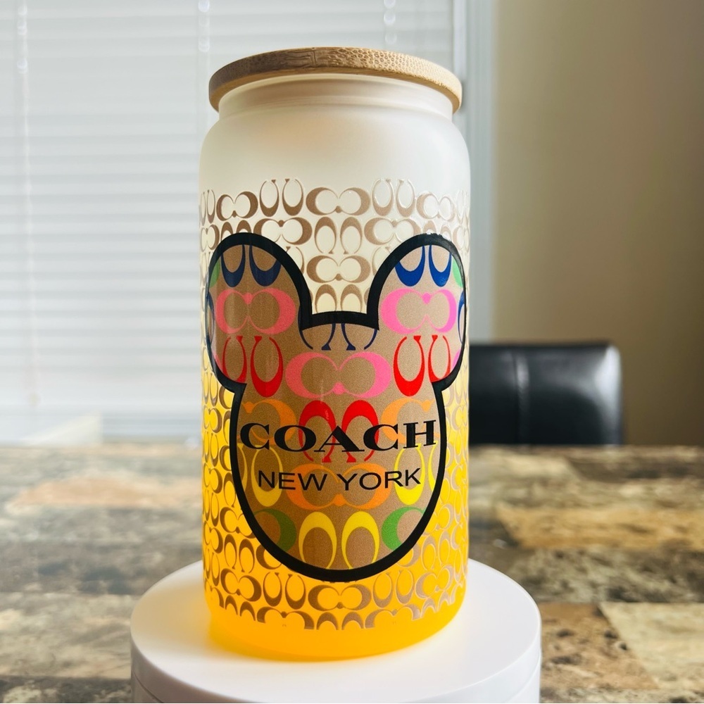 Multicolor Signature 16 oz Glass Tumbler with Yellow Base and Bamboo Lid